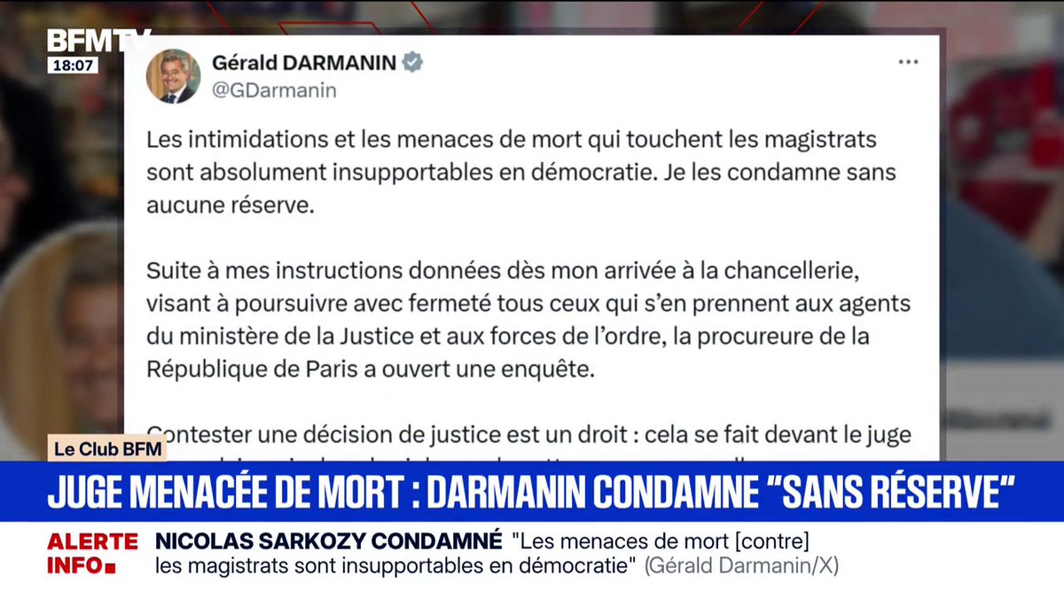 Sur X, Gérald Darmanin condamne "sans aucune réserve" les menaces de mort contre la présidente du tribunal après la condamnation de Nicolas Sarkozy
