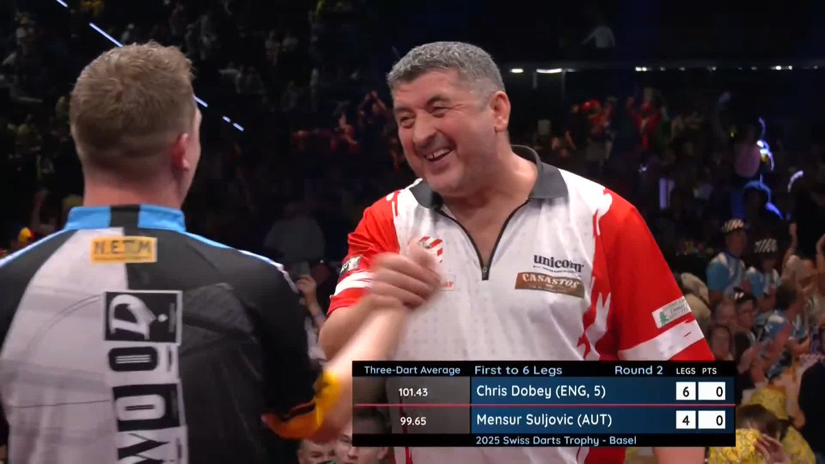 DOBEY SEES OFF SULJOVIC! Chris Dobey wraps up Saturday's action at the Swiss Darts Trophy with an impressive 6-4 victory against Mensur Suljovic! 101 average from Hollywood! 👏 📺 #ET13 | R2