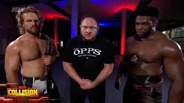 Haunting words echo as #AEW World Trios Champion Samoa Joe, alongside fellow champion “The MONSTAR” Will Hobbs and #AEW World Champion Hangman Adam Page, send a message to the Death Riders! Watch #AEWCollision LIVE on TNT & HBO Max