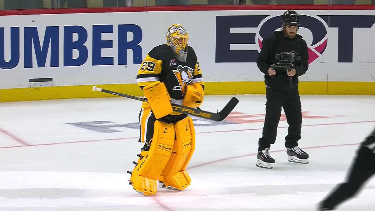 This is a real tweet in 2025: Marc-Andre Fleury in net for the Penguins W 🐐
