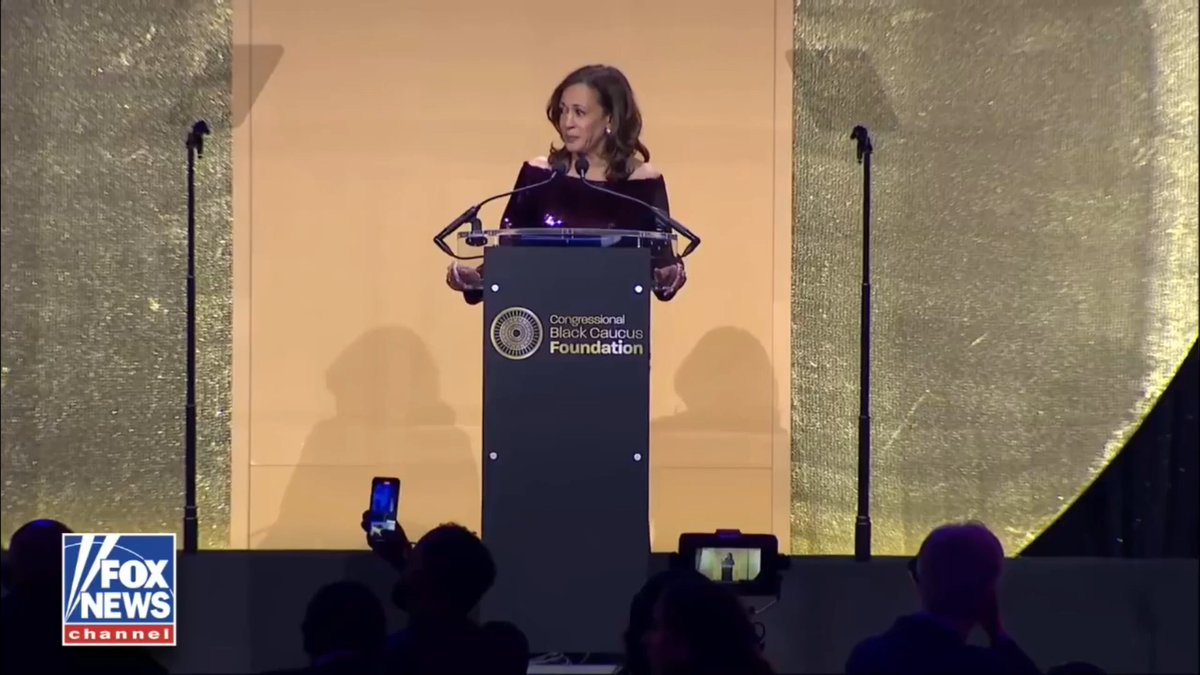 Former VP Kamala Harris calls President Trump "incompetent" and "unhinged" to cheers at the Congressional Black Caucus Phoenix Awards.