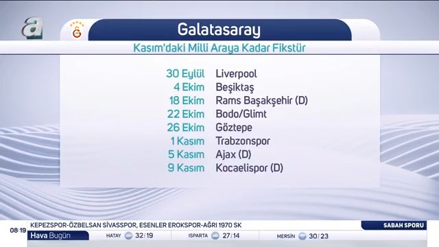 🦁 Galatasaray'ı kasımdaki milli araya kadar zorlu bir fikstür bekliyor. 🗓️ 30 Eylül | Liverpool 🗓️ 4 Ekim | Beşiktaş 🗓️ 18 Ekim | Başakşehir (D) 🗓️ 22 Ekim | Bodo/Glimt 🗓️ 26 Ekim | Göztepe 🗓️ 1 Kasım | Trabzonspor 🗓️ 5 Kasım | Ajax (D) 🗓️ 9 Kasım | Kocaelispor (D)