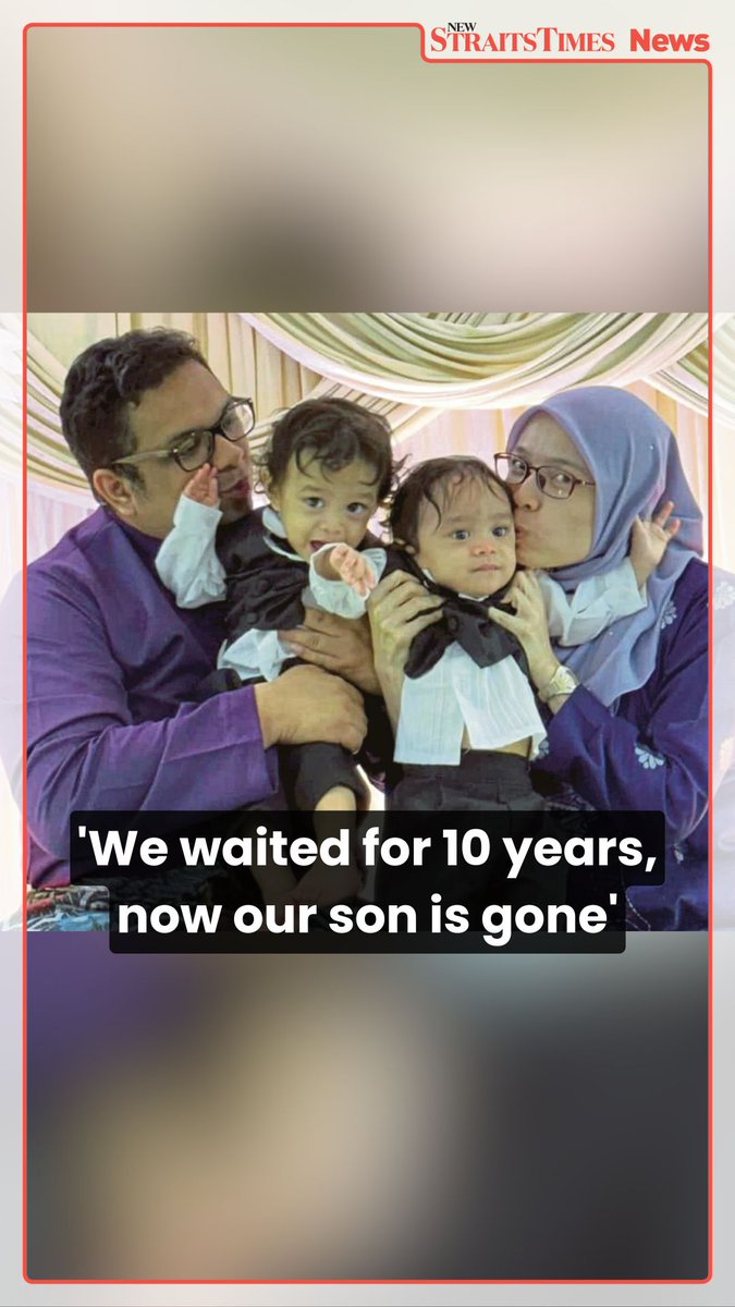 #NSTTV After 10 years of waiting to become parents, Amirul Ridzuan Abu Bakar and his wife finally welcomed twin boys into their lives last year. Yesterday, their joy turned into heartbreak when one of the twins was killed in a tragic road accident at the Bukit Kajang Toll Plaza. Read more: