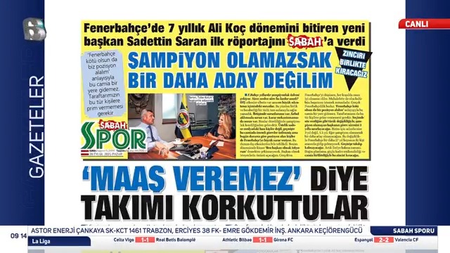 Sadettin Saran: 💬Şampiyon olamazsak bir daha aday değilim. 💬Beni ilk Dursun Özbek tebrik etti. 💬Camiamızdan omurgasızları uzaklaştırmak için elimden geleni yapacağım. 💬‘Maaş ödeyemez, kayyum gelecek’ söylentileri futbolcuları etkiledi!