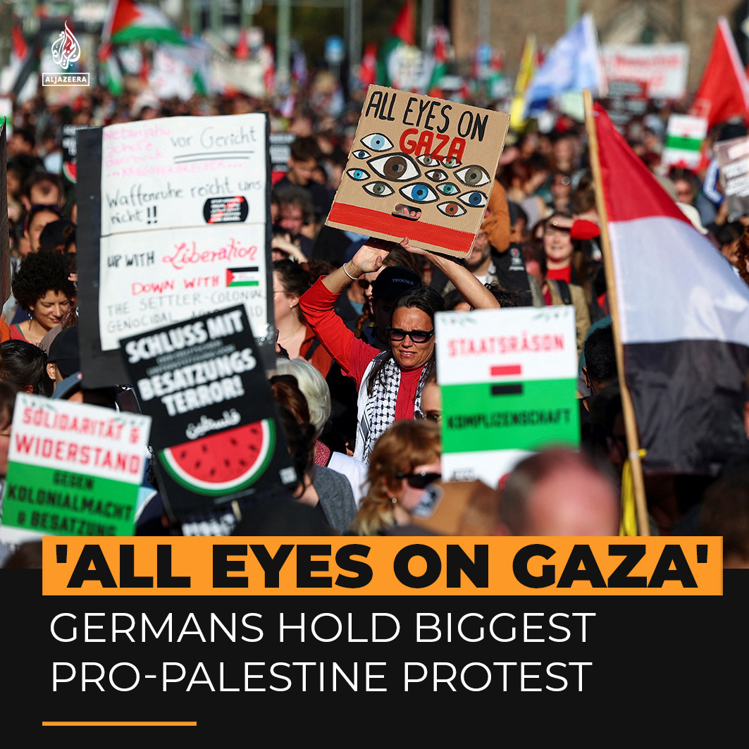 About 100,000 people rallied for ‘All Eyes on Gaza,’ Germany’s largest demonstration in support of Palestine to date, demanding an end to government support for Israel as police violently arrested demonstrators.