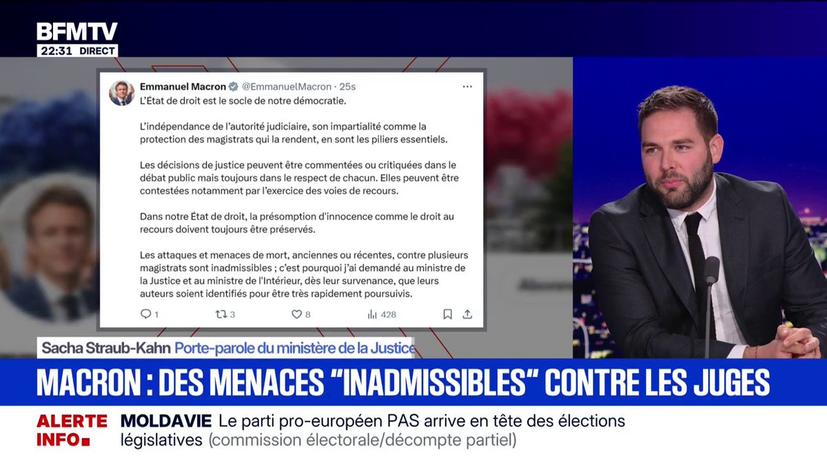 Condamnation de Nicolas Sarkozy: "Menacer, voire vouloir attenter à des magistrats, c'est contraire à tout fondement démocratique", assure Sacha Straub-Kahn, porte-parole du ministère de la Justice