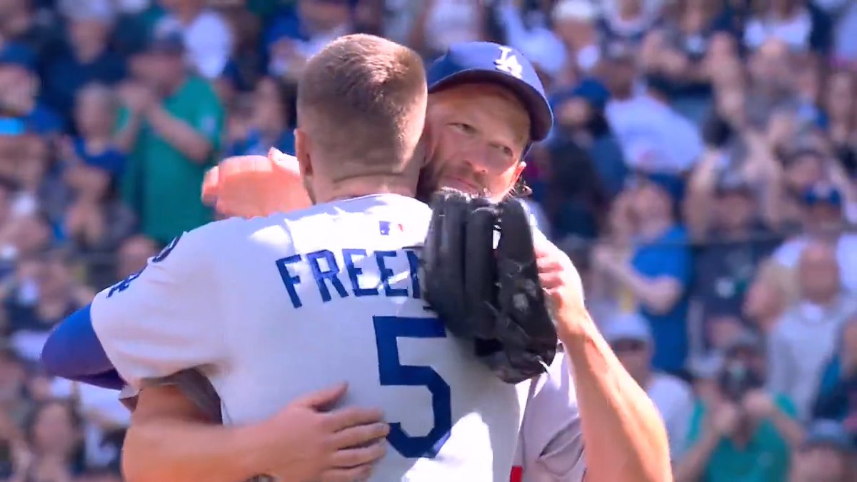 This is awesome. In the final regular season start of his career, Clayton Kershaw was just removed from the game by Freddie Freeman Baseball, man ❤️