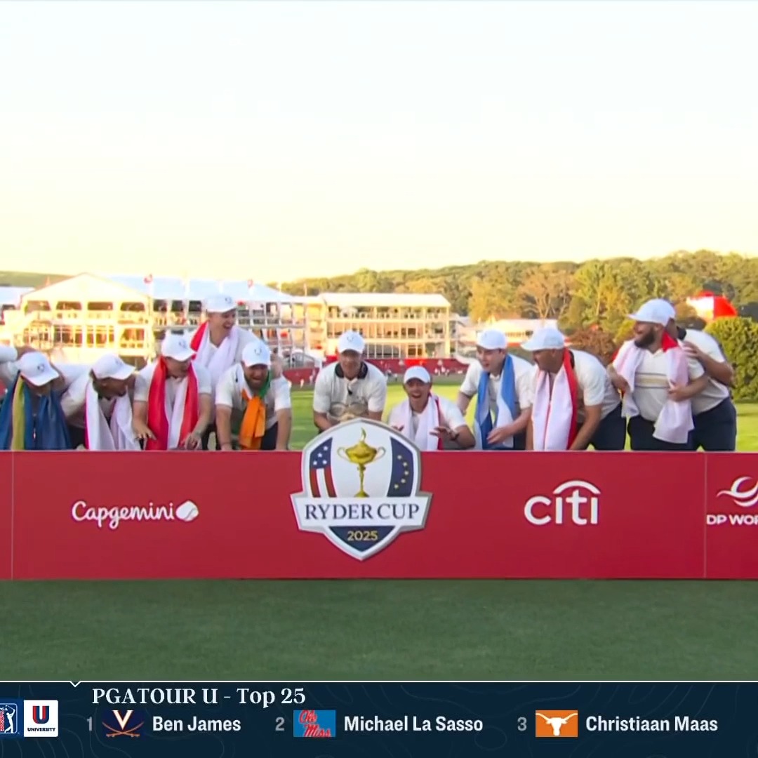 Team Europe lifts the Ryder Cup as Shane Lowry includes the fans outside the ropes. 🇪🇺😂