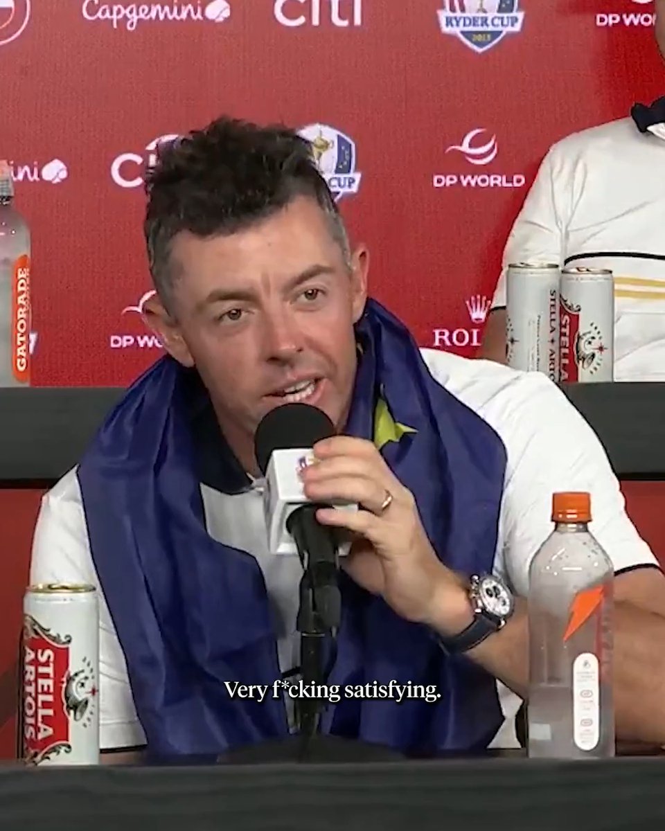 Reporter: "How satisfying is it to turn around to someone and say, 'Shut the f--- up,' and then stiff it to two feet?" Rory McIlroy: "Very f---ing satisfying." Tommy Fleetwood: "It wasn't stiff. I had to putt it." 😂
