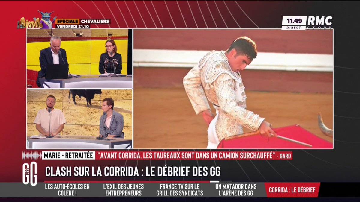 🚨 Clash sur la corrida ! 📞 Marie, retraitée, au 3216 : "Ils sont mis à mort et ils attendent pendant des heures dans des camions sans une goutte d'eau. C'est monstrueux, c'est de la torture. Et des gens viennent faire la ola." #GGRMC