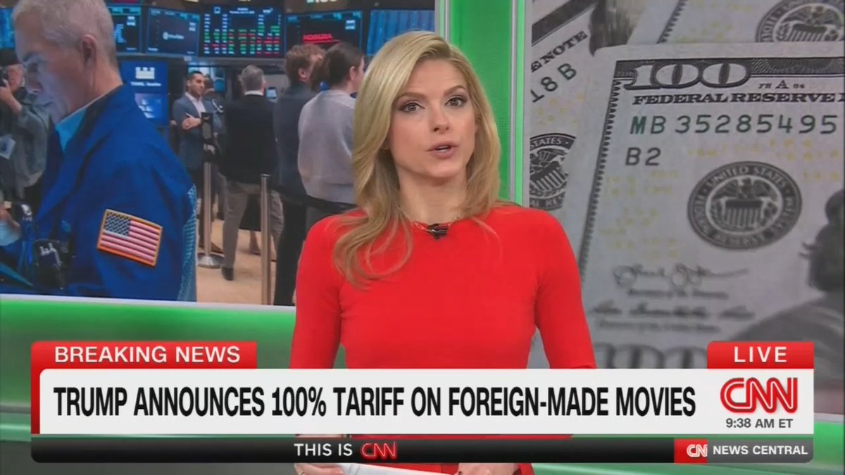 Reporter: Trump is now taking on the film industry in a new way. In a social media post just moments ago, he wrote that he will be imposing a 100% tariff on any and all movies made outside of the US. Several big movies of recent were produced by US studios shot outside of America, including Deadpool and Wolverine, Wicked, Gladiator 2.