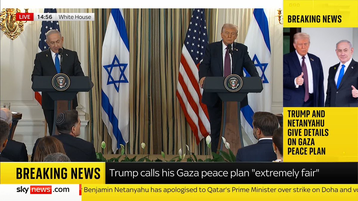 BREAKING: Israeli Prime Minister Benjamin Netanyahu says Donald Trump's 20-point peace plan for Gaza 'achieves our war aims' and will 'dramatically advance peace in the Middle East'. Follow live 🔗 📺 Sky 501 and YouTube