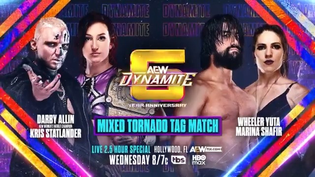 Wednesday, 10/1 #AEW Dynamite 6-Year Anniversary Show Tornado Mixed Tag AEW Women’s World Champion @CallMeKrisStat / DARBY ALLIN vs Marina Shafir / YUTA Statlander made it clear she isn’t joining The Death Riders! She teams with Darby vs Marina/Yuta THIS WEDNESDAY!