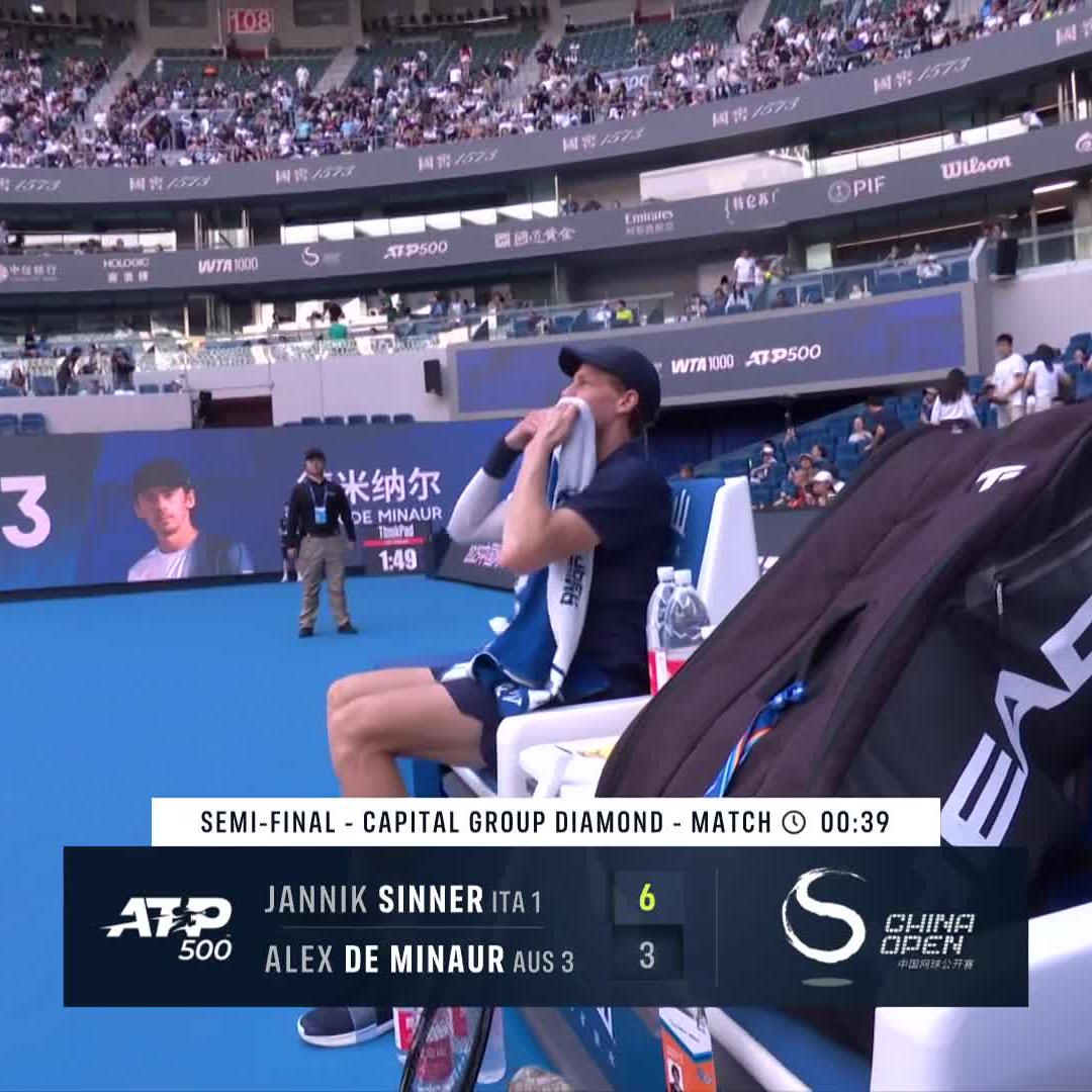 Sealed with an ace ๐ฏ Jannik Sinner takes the first set 6-3 vs Alex de Minaur and is one set away from a 9th consecutive hard-court final! ๐ฅ #ChinaOpen