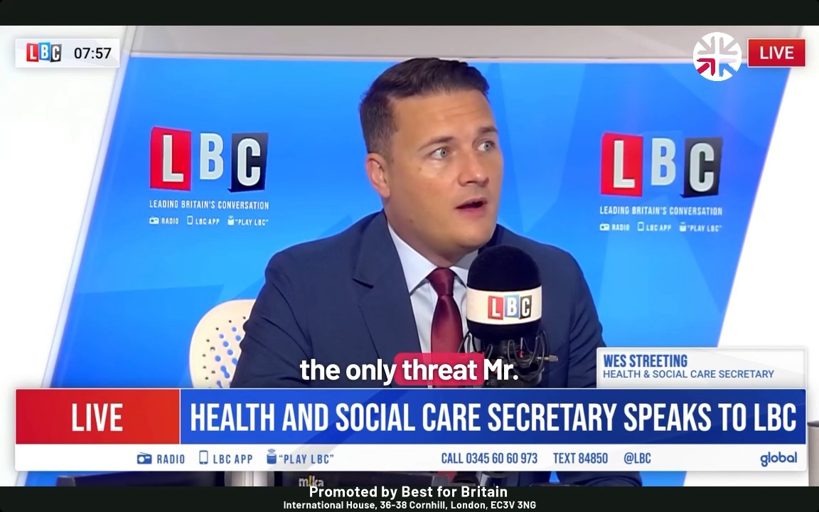 .Wes Streeting: "Nigel Farage wants an insurance-based system for the NHS." "That's a system that would check your pockets before your pulse." ⚠️