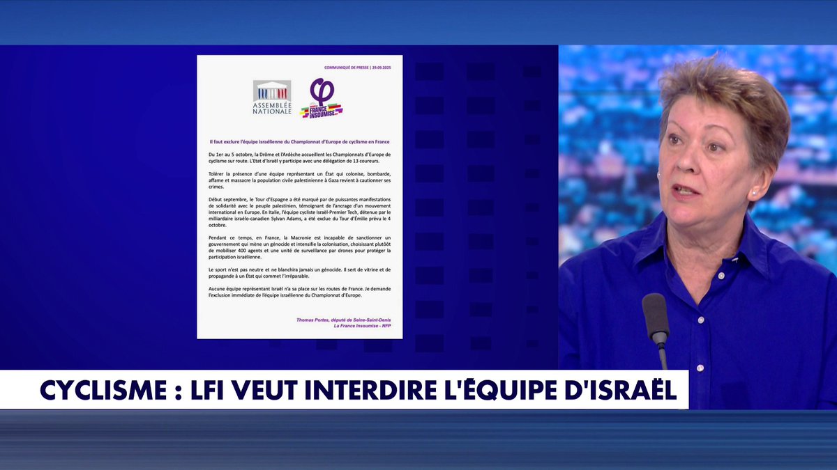 Alors que le député LFI Thomas Portes a demandé sur son compte X «l'exclusion de l'équipe de l'Etat d'Israël aux championnats d'Europe de cyclisme», l'avocate Florence Rault s'inquiète : «Nous sommes dans un chaos total et on nous en rajoute», dans #MorandiniLive