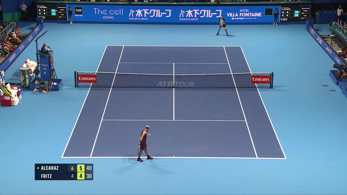 Claiming the Tokyo title with a drop shot 🤩 Carlos Alcaraz defeats Taylor Fritz 6-4, 6-4 to earn his 24th career title. #kinoshitajotennis