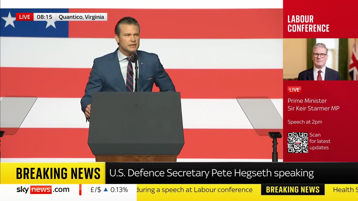 'To ensure peace, we must prepare for war'. U.S. Defense Secretary Pete Hegseth delivers remarks at a rare military summit in Virginia. 🔗 📺 Sky 501, Virgin 602, Freeview 233 and YouTube