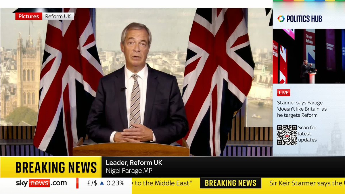 Reform leader Nigel Farage says Sir Keir Starmer is 'unfit to be the prime minister' in response to a party conference speech in which the Labour leader questioned whether Farage and Reform "love our country". More speech reaction🔗 📺 Sky 501 and YT