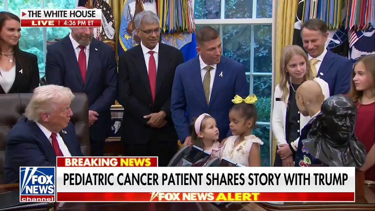 "Thank you Mr. President for making everything happen today." A pediatric cancer patient shares her story with President Trump in the Oval Office.