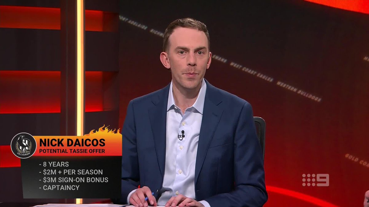 "It means you could be earning $5m-plus in your first year!" Is this the offer Tassie could make to prise Nick Daicos out of Collingwood? #9FootyFurnace | Watch on Nine &amp; 9Now 🖥️