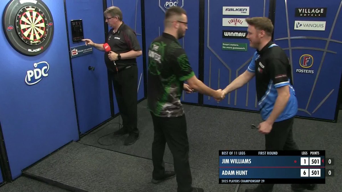 HUNT BEATS WILLIAMS! Adam Hunt is through to Round Two at #PC29, as The Hunter drops just one leg on his way to a 6-1 victory over Jim Williams! 📺 #PC29