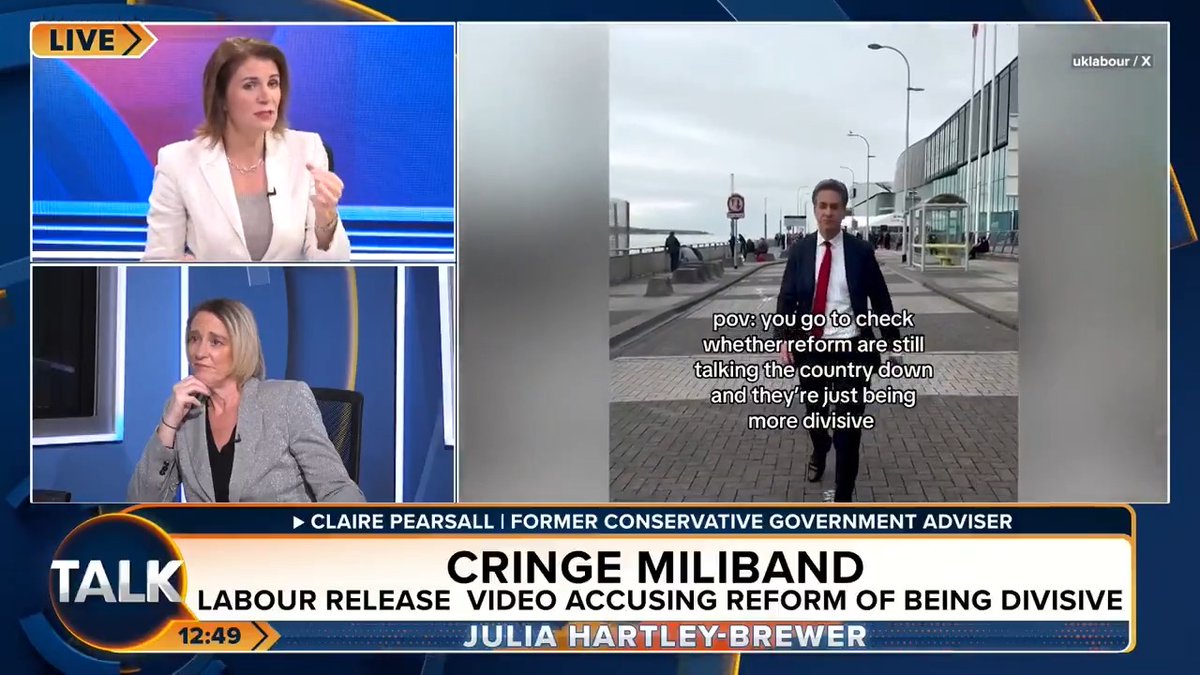 Julia Hartley-Brewer reacts to a video released by Energy Secretary Ed Miliband accusing Reform UK of "talking our country down" and "being divisive". "You can't unsee this! He is not a serious human being. We're going to a break so I can quickly throw up in a bin..." Julia Hartley-Brewer