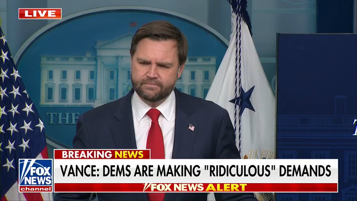 PETER DOOCY: "Is this going to be a long shutdown?" VP VANCE: "I can't predict what congressional Democrats are going to do, Peter, but I actually don't think it's going to be that long of a shutdown." VANCE: "This is a pure guess from the vice president of the United States, because I think you already saw some evidence that moderate Democrats are cracking a little." VANCE: "They're trying to take a hostage, and we're not going to let them." Peter Doocy