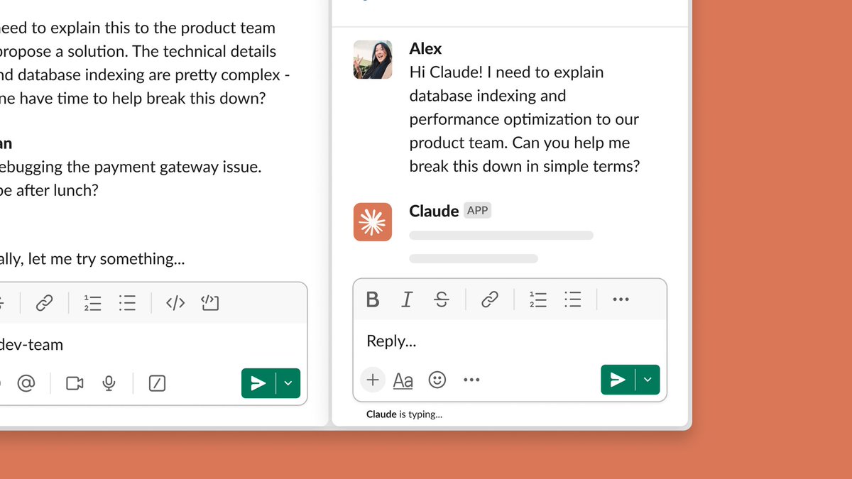 Claude is now available in Slack. Chat with Claude through DMs, tag @.Claude in threads, or use the AI assistant panel—with access to web search, document analysis, and your connected tools.