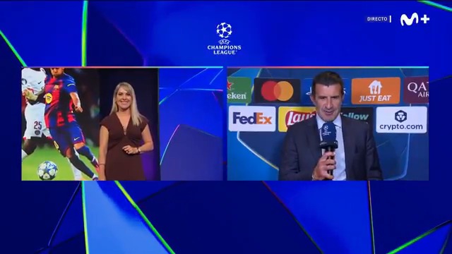 "Es un placer volver a Barcelona". 👀 Luis Figo, desde Montjuic, con Susana Guasch Llovensà. #UCL #LaCasaDelFútbol