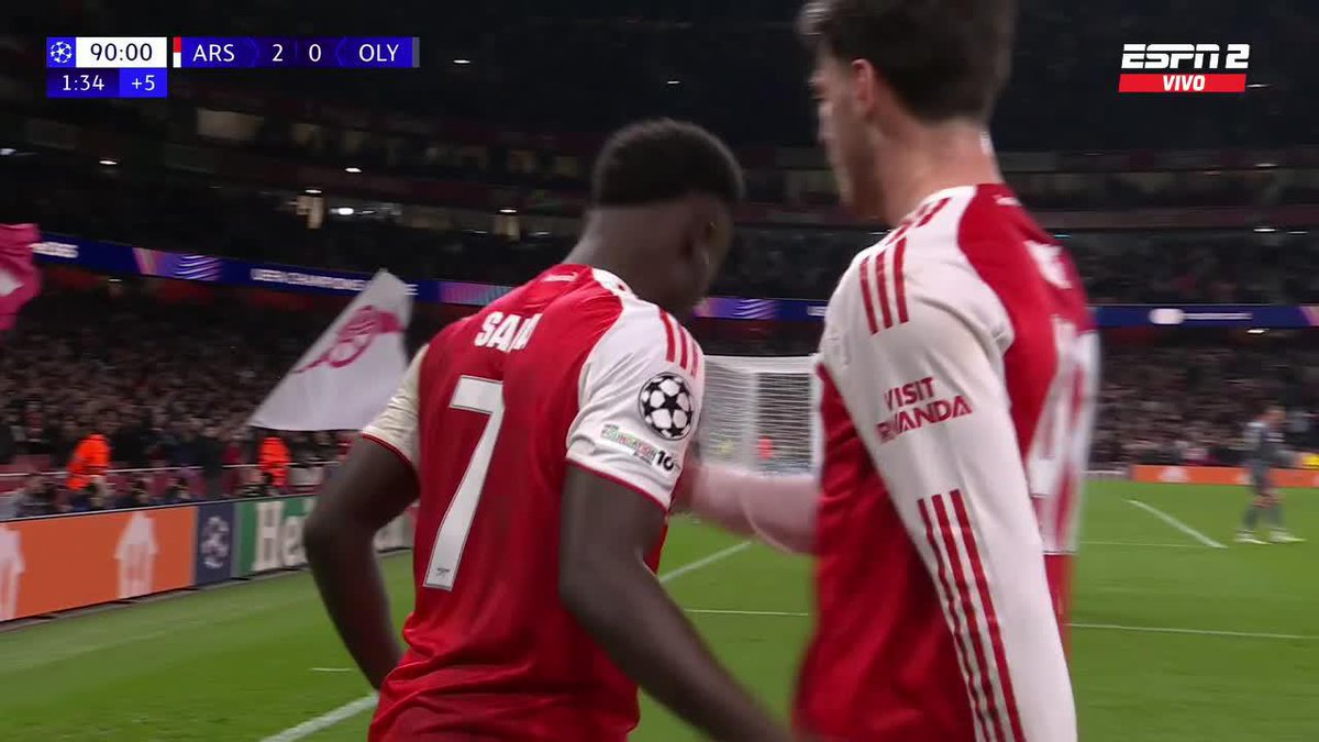 CERRÓ EL PARTIDO: Saka armó un jugadón, buscó la devolución y marcó el 2-0 final de Arsenal sobre Olympiacos en la fecha 2 de la fase liga de la #CHAMPIONSxESPN. 📺 Toda la #UCL por #DisneyPlus Plan Premium