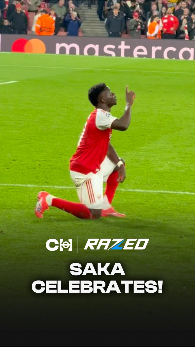 Bukayo Saka celebrates his goal against Olympiacos in the Champions League. 👏