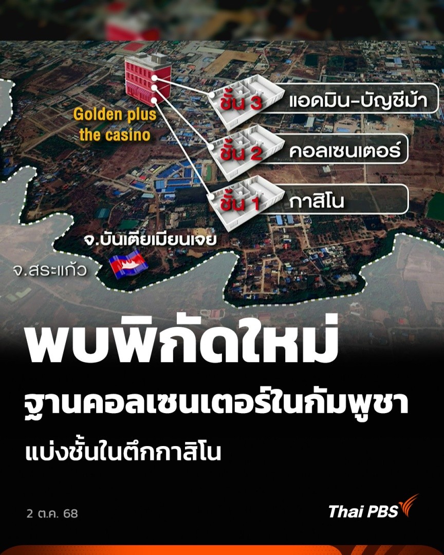พบพิกัดใหม่ ฐานคอลเซนเตอร์ในกัมพูชา แบ่งชั้นในตึกกาสิโน | วันใหม่ ไทยพีบีเอส ตำรวจภูธรภาค 2 ระบุว่า ตึกนี้ใช้ชื่อว่า Golden Casino ลักษณะเป็นอาคาร 3 ชั้น ภายนอกดูเหมือนกาสิโนทั่วไป แต่ด้านในชั้น 2 เป็นฐานแก๊งคอลเซนเตอร์ ส่วนชั้น 3 ใช้สำหรับแอดมินและบัญชีม้า #ThaiPBS