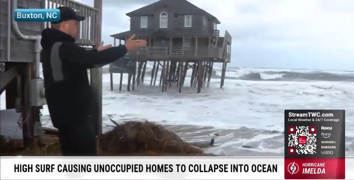 Senior National Correspondent Justin Michaels is reporting from Buxton, North Carolina, tonight, where high winds and waves from Hurricanes Imelda and Humberto have caused multiple homes to collapse into the ocean.