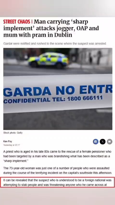 🚨Kimmage, Dublin A Foreign national carrying ‘sharp implement’ attacked a jogger, and OAP with pram in Dublin. An elderly priest had to come to her aide. The mental health card is already being used to absolve him of his violent crimes.