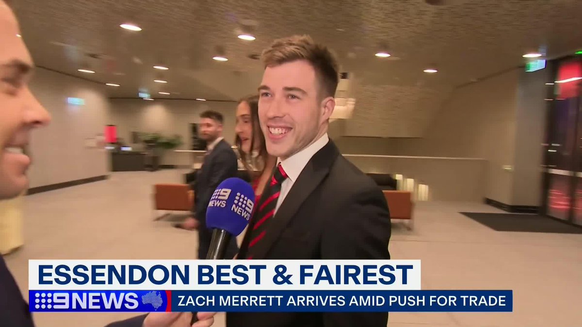 Zach Merrett has arrived at Essendon's best-and-fairest amid his ongoing trade saga 👇 Tom Morris #9WWOS #AFL