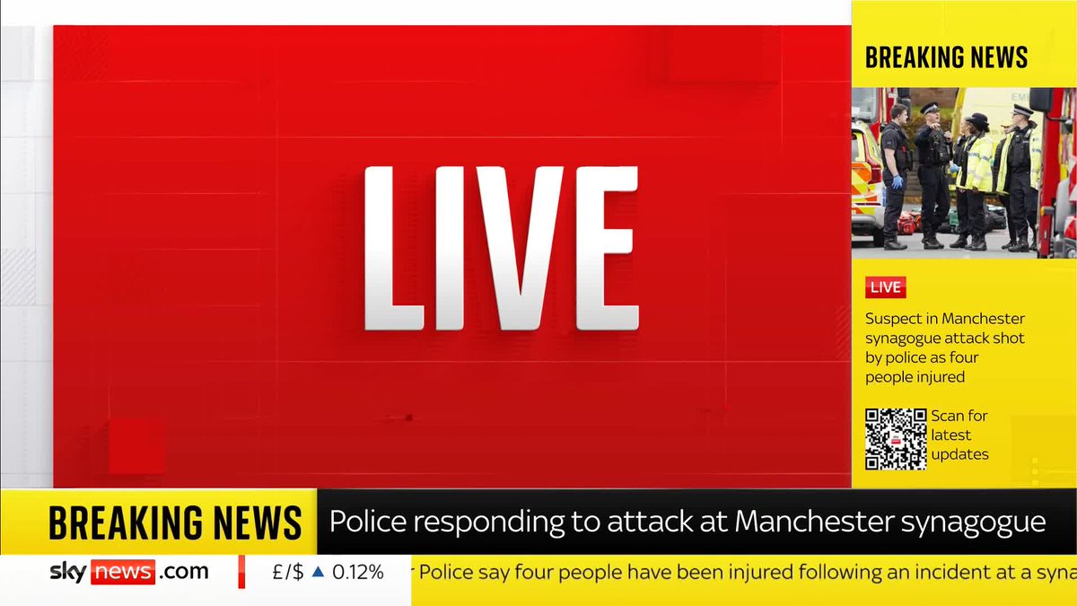 BREAKING: A "major incident" has been declared in Manchester after a stabbing at a synagogue, with four people injured and a suspect shot by police. 📺 Sky 501, Virgin 602, Freeview 233 and YouTube