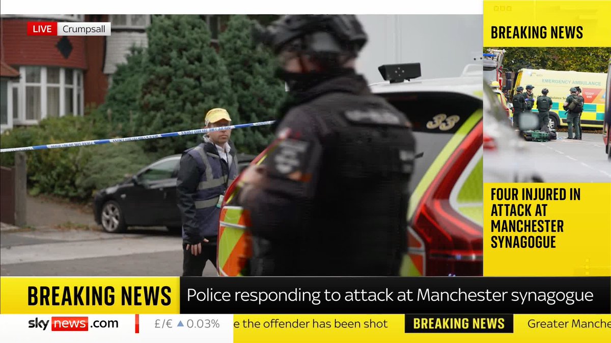 BREAKING: A major incident has been declared in Manchester after a stabbing at a synagogue, on Yom Kippur, the holiest day in the Jewish calendar. Four people are injured and a suspect has been shot by police. Sky's Katie Barnfield has the latest from the ground.