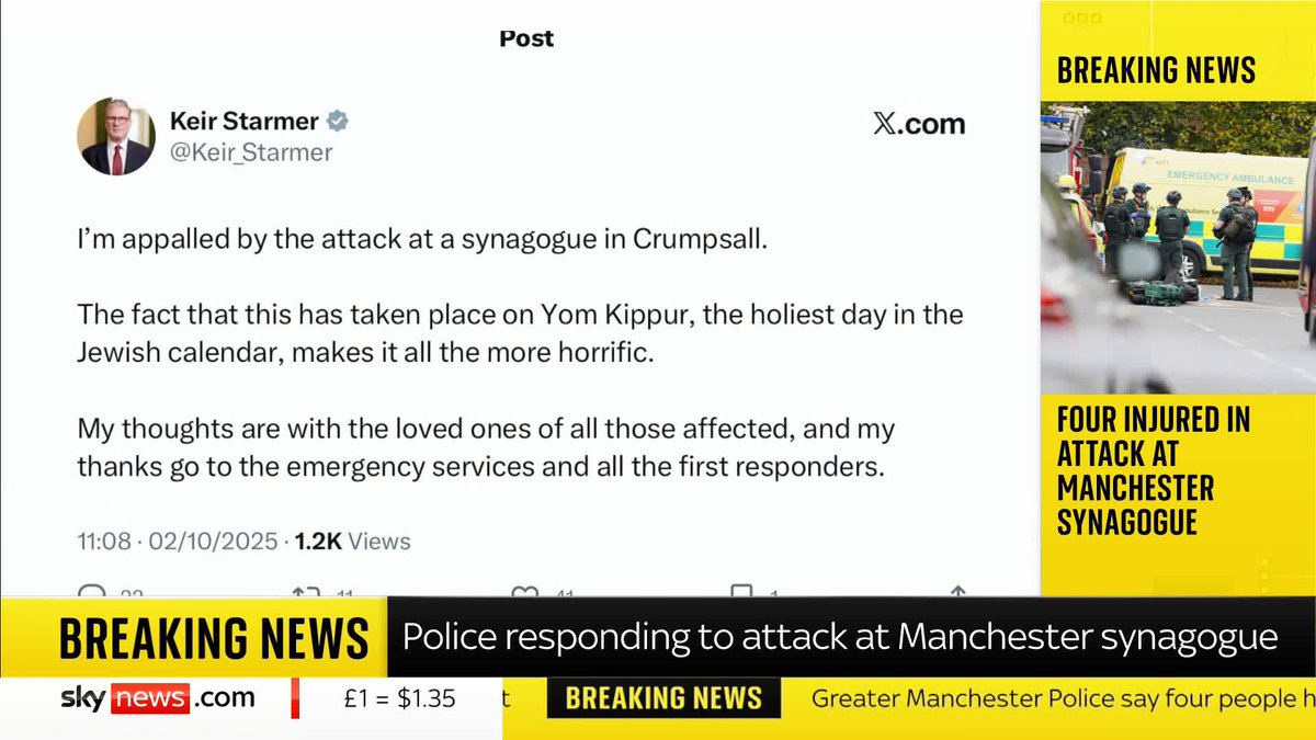 BREAKING: Sir Keir Starmer says he is "appalled" by the attack at a synagogue in Crumpsall, Manchester. Sky News understands that the Prime Minister is returning from Denmark to the UK following the incident. 📺 Sky 501, Virgin 602, Freeview 233 and YouTube