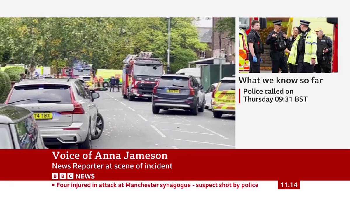 Four people have been injured in car and stabbing attack at a Manchester synagogue BBC reporter Anna Jameson reports from the scene Follow live updates: