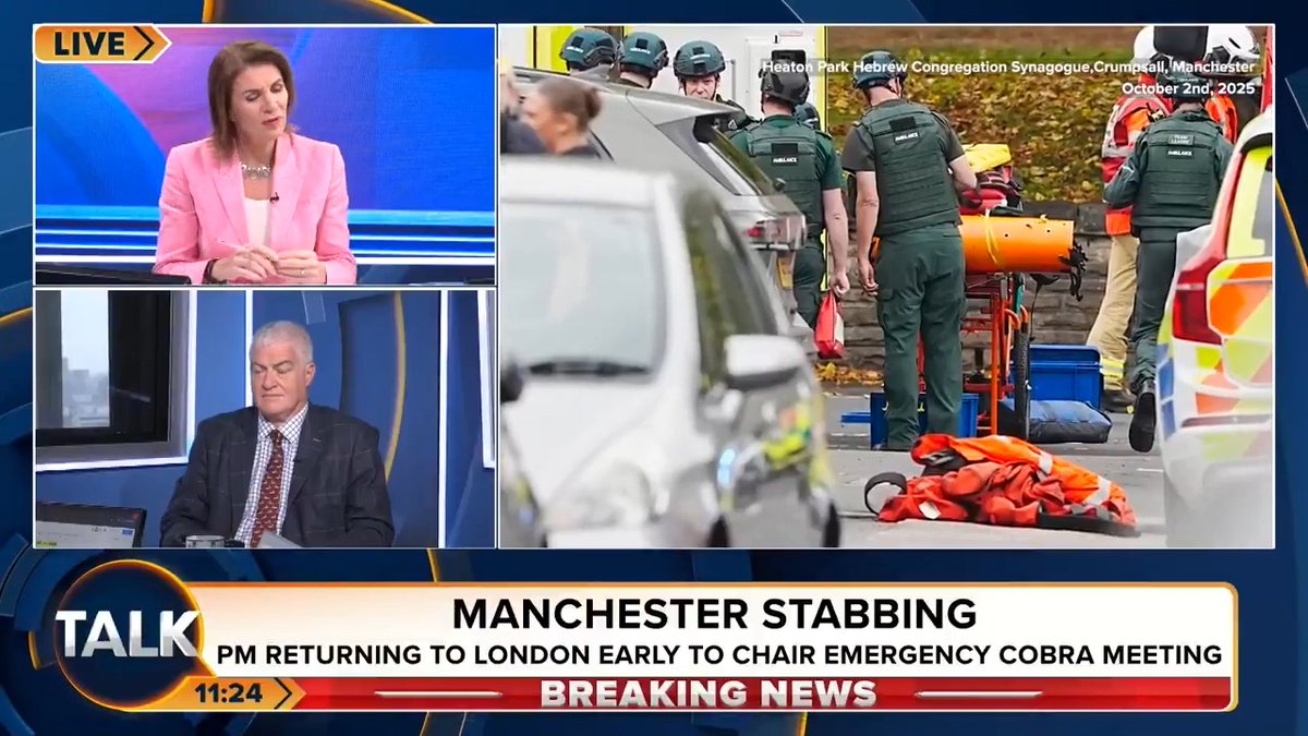 Julia Hartley-Brewer says Keir Starmer coming back from a summit to chair an emergency COBRA meeting, suggests the Synagogue attack in Manchester is "a terror attack". Philip Ingram: "Politicians that have stirred up antisemitism need to be ashamed of themselves!" Julia Hartley-Brewer