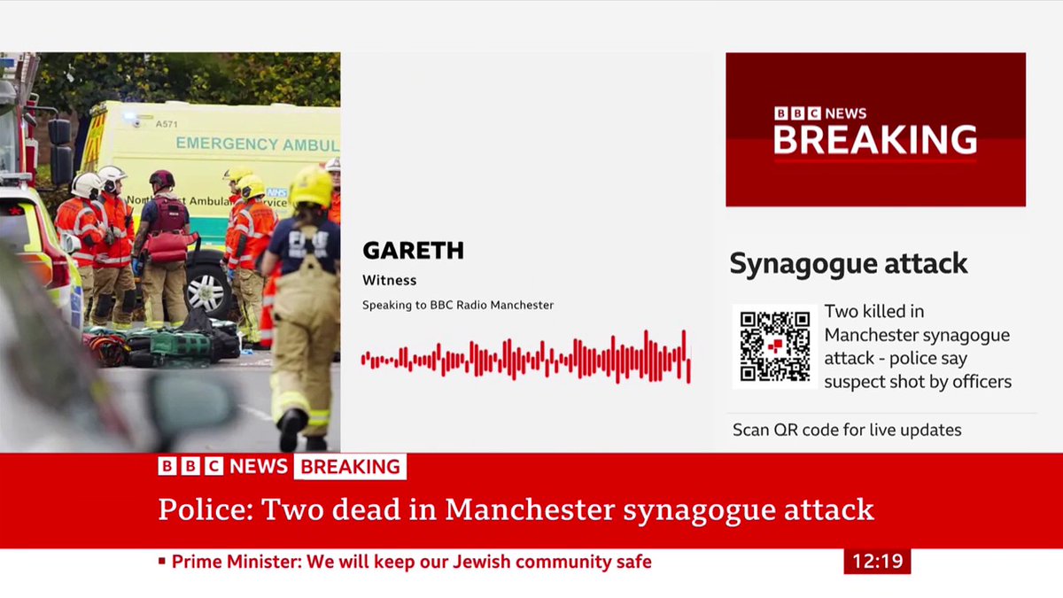 "The guy had a knife and he was just stabbing the window... within seconds the police arrived, they gave him a couple of warnings, he didn't listen, so they opened fire" Eyewitness describes the Manchester synagogue attack Follow live updates:
