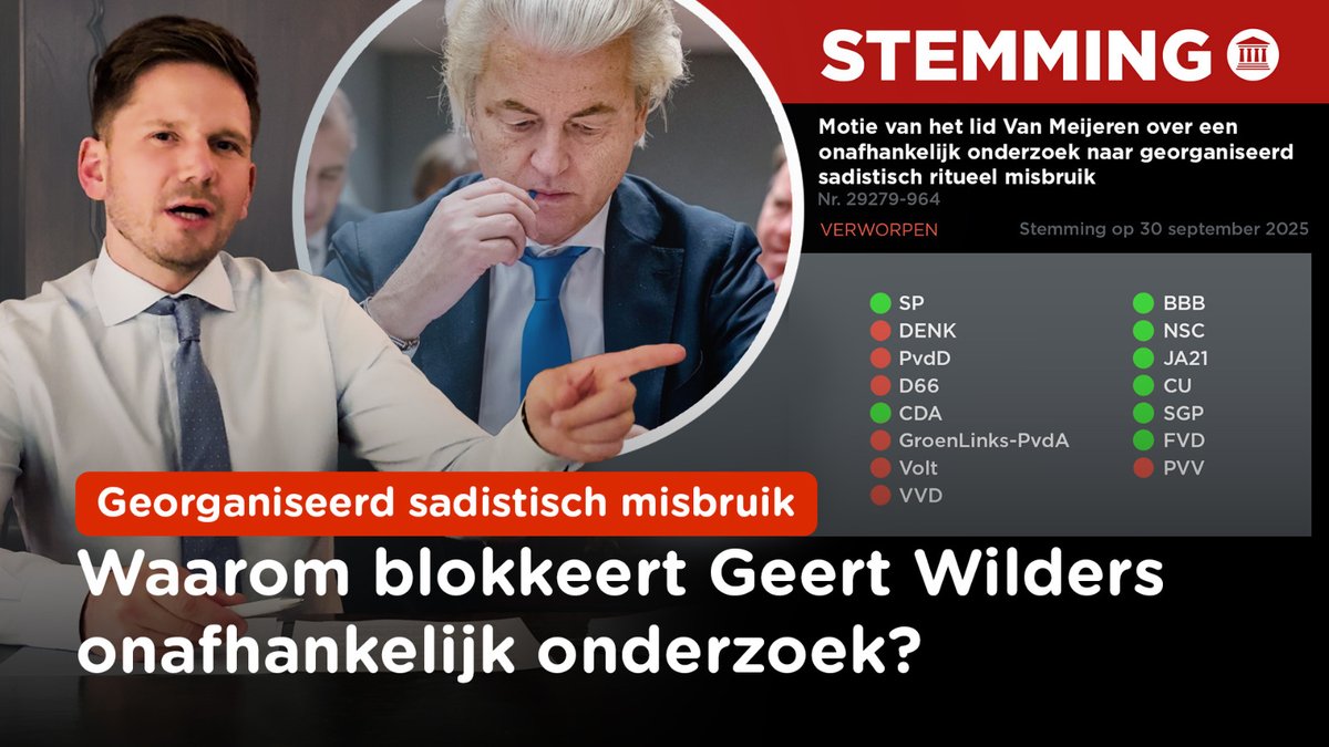 SCHOKKEND! Deze week kwam mijn motie in stemming voor een onafhankelijk onderzoek naar georganiseerd sadistisch misbruik. De PVV had expliciet steun toegezegd, maar stemde - op bevel van Geert Wilders - op het laatste moment toch TEGEN. Daardoor komt er toch geen onafhankelijk onderzoek: een klap in het gezicht van de slachtoffers. Behalve dat de PVV beloftes niet nakomt en onbetrouwbaar blijkt, roept het een belangrijke vraag op. Waarom blokkeert Geert Wilders een onafhankelijk onderzoek naar georganiseerd sadistisch misbruik?