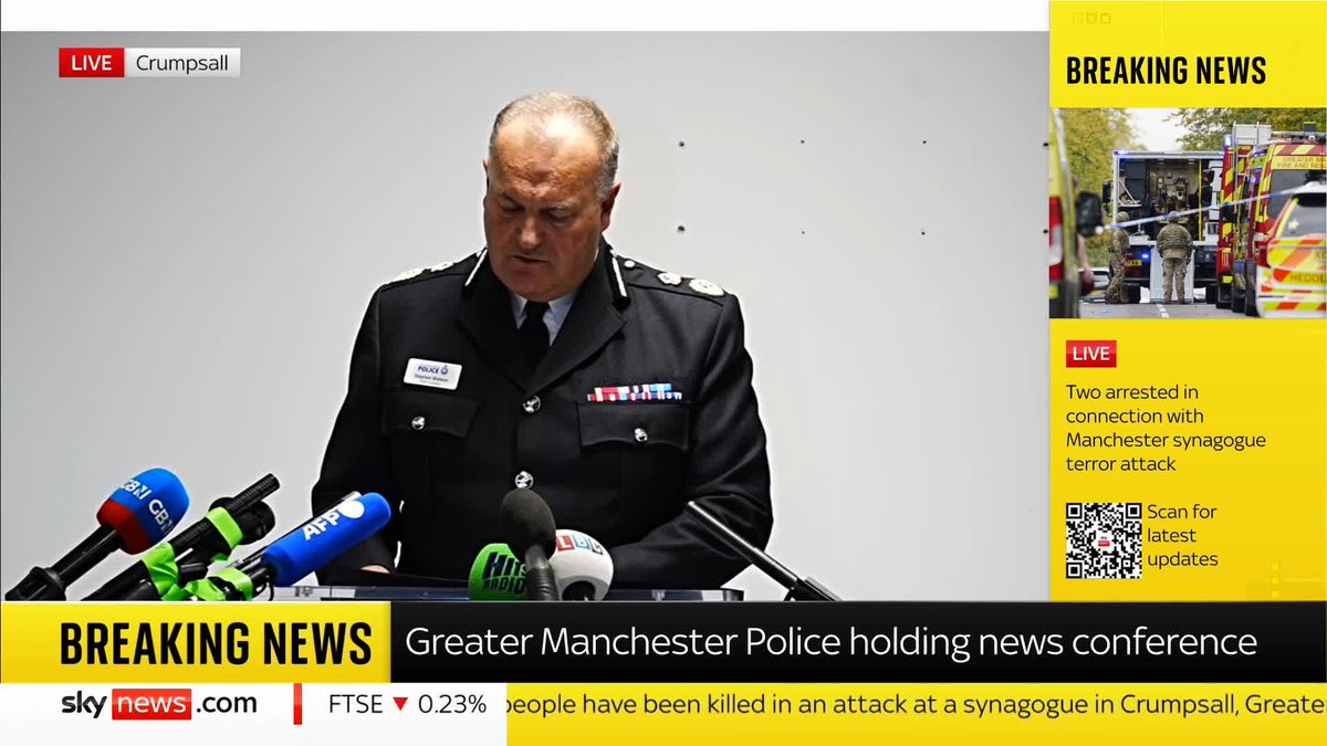 "We believe the identity of the offender has been established, but until we are certain of this fact, it is premature to set out this detail" Chief Constable Sir Stephen Watson provides more information on the attack that happened outside the synagogue in Manchester. Sky 501