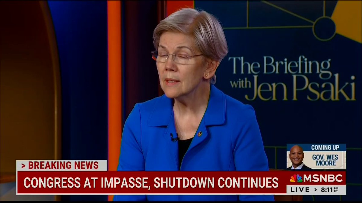 Sen. Warren: Republicans' response is to lie. There is not a penny right now under law for any undocumented immigrant to get any help. So what else do they do? Trump said his plan is if the Democrats won't cave in on this, he's going to fire a whole lot more federal workers.