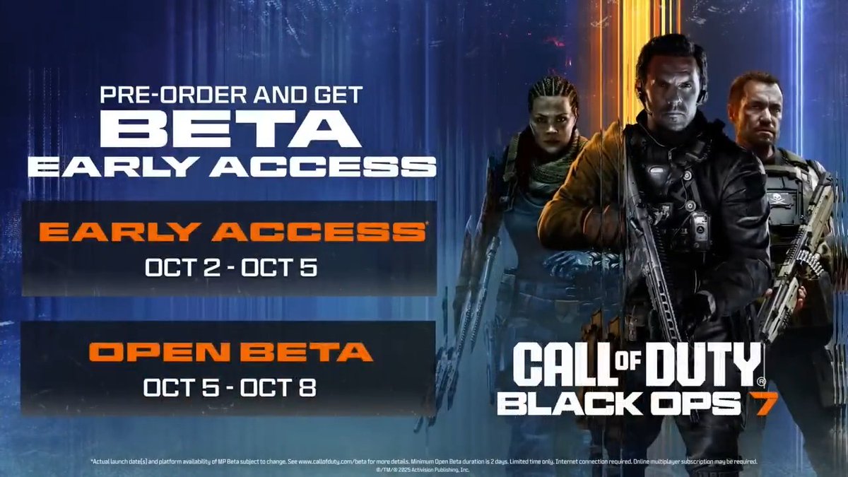 The Call of Duty: Black Ops 7 Early Access Beta is LIVE NOW on all platforms! If you preorder digitally, redeem a code, or subscribe to Xbox Game Pass Ultimate or PC Game Pass, you can play the Beta.