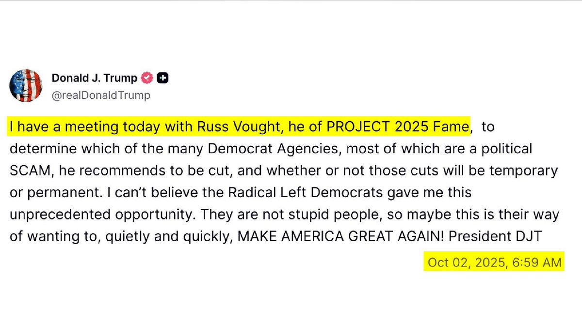 Donald Trump shut down the government to further his Project 2025 agenda. (After repeatedly claiming on the campaign trail he knew nothing about his Project 2025 agenda.) Don’t ever believe a word the extremists have to say. #DonaldTrumpsShutdown