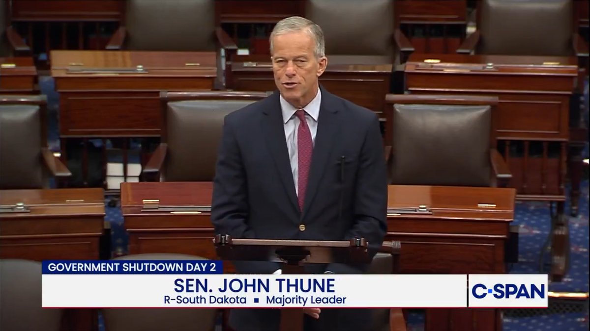 .Leader John Thune says votes to reopen the government will resume tomorrow: "We are not asking Democrats to swallow a list of new Republican policies or partisan demands. Not in there."