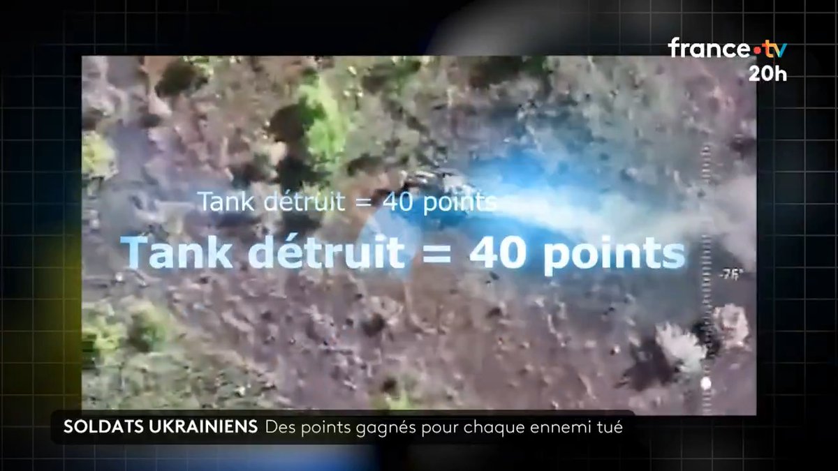 🇺🇦 Soldats ukrainiens : des points gagnés pour chaque ennemi tué Grâce à ce système de points assez étonnant, pour chaque Russe abattu, vous gagnez 12 points, 40 si c’est un tank et, à la fin, vous avez un bonus. #JT20h