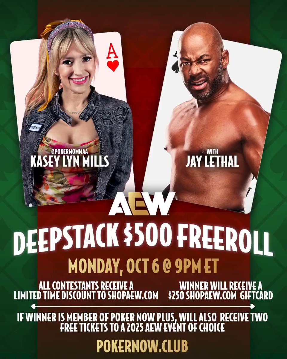 .Jay Lethal joins the Poker Now tables for a one-of-a-kind crossover event, live on Monday, October 6 at 9pm ET! AEW fans - play for free, compete for $500 in ShopAEW.com gift cards, and score an exclusive bonus prize as a Poker Now PLUS member. Enter now!